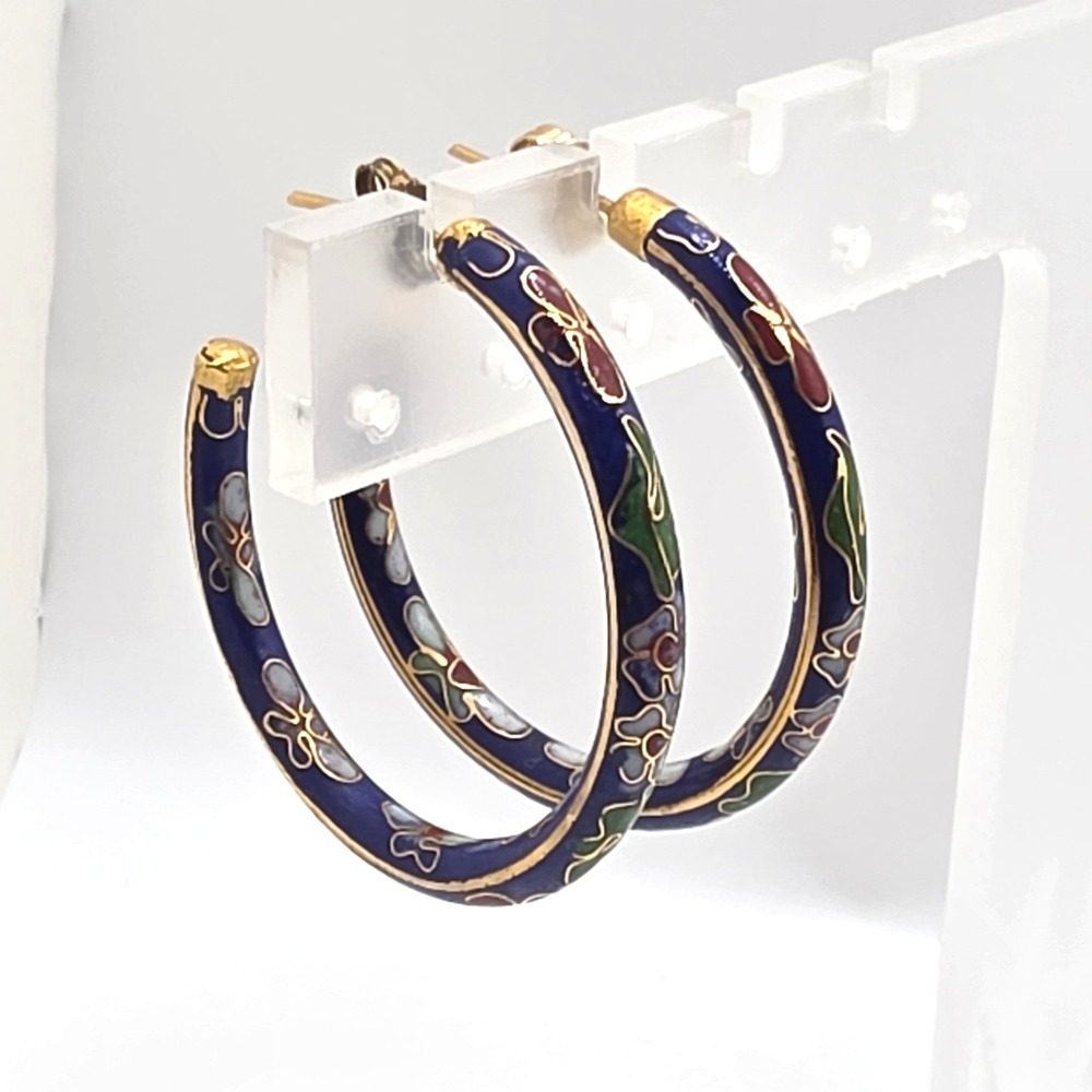 Vintage Cloisonne Floral Enamel Hoop Earrings Cobalt Blue Gold Chinese Export